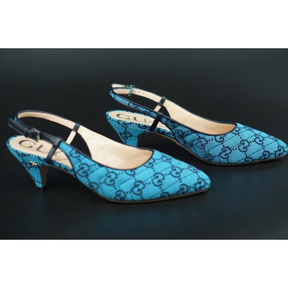 Gucci Charlotte Blue Canvas GG Strap Pointed Toe Slingback Pumps Size 37 $695 - Picture 7 of 12